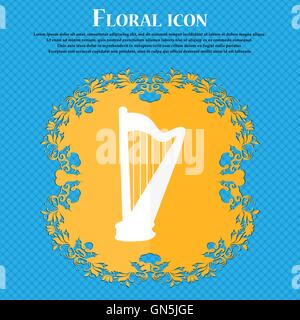 harp icon. Floral flat design on a blue abstract background with place for your text. Vector Stock Vector