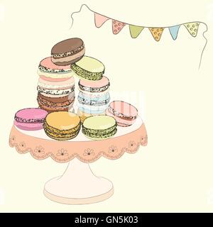 Set of colorful doodle macaroon on plate. Sketch macaroon. Stock Vector