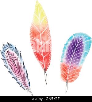 Set of three watercolors feathers Stock Vector