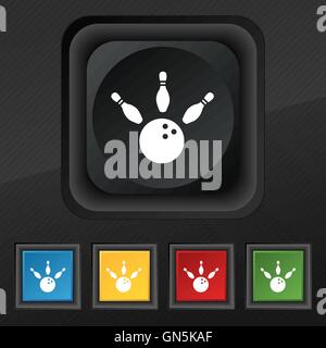 bowling icon symbol. Set of five colorful, stylish buttons on black texture for your design. Vector Stock Vector