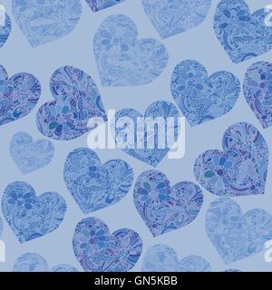 Seamless pattern with doddle hearts in blue colors Stock Vector