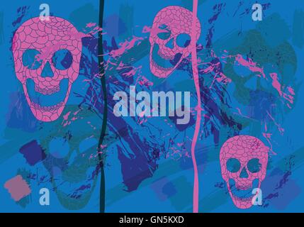 Colorful skulls on black background - seamless pattern Stock Vector