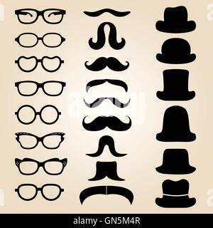 Retro gentleman's set consists of a hat, glasses and mustache Stock Vector