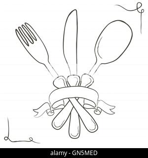 Vector hand drawn illustration with cutlery set. Sketch. Vintage Stock Vector