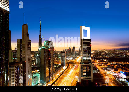 Sheikh Zayed road at night in Dubai, United Arab Emirates Stock Photo