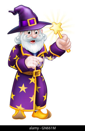 A cartoon Halloween wizard character pointing and waving a magic wand