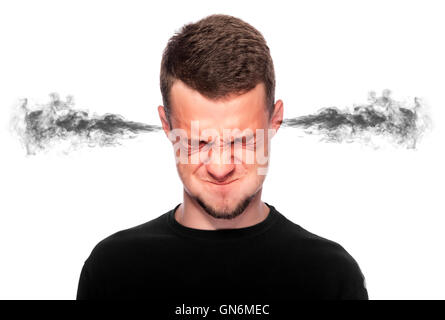 Angry man with smoke or fume coming out from his ears on white background. Stock Photo