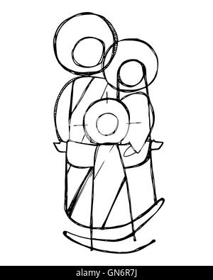 Hand drawn illustration or drawing of Jesus Sacred Family in a minimalist style Stock Photo
