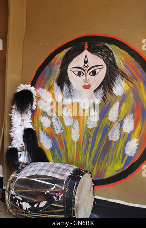 Maa Durga and one musical instrument. Abstract color painting. Stock Photo