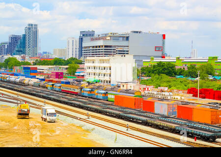 Freight trains on city cargo terminal,Transportation by rail Stock Photo