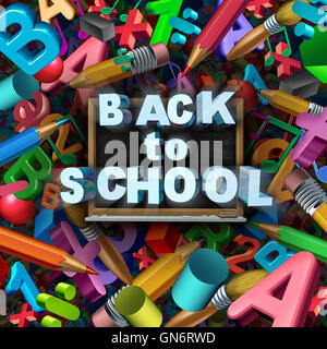 Back to school concept as a group of classroom teaching and learning supplies and education symbols with a chalkboard as an icon for the start of a new academic year for elementary or grade schools as a 3D illustration. Stock Photo