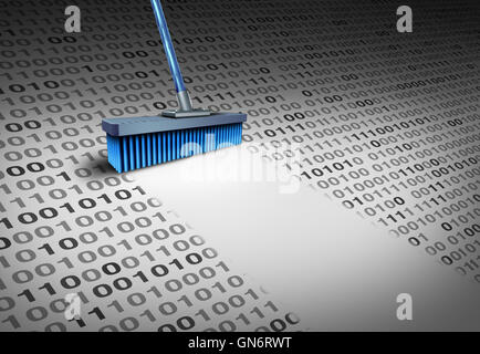 Deleting data technology concept as a broom wiping clean binary code as a cyber security symbol for erasing computer information or to delete an email and clean a hard drive server with 3D illustration elements. Stock Photo