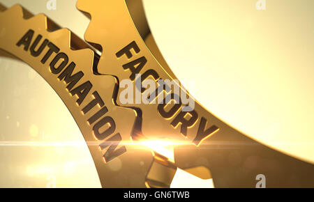 Factory Automation Concept. Golden Gears. 3D Rendering. Stock Photo