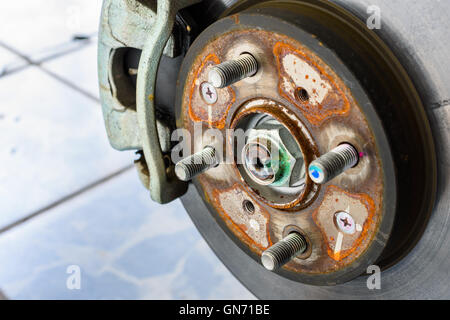 close up and detail rusty brake disk of the wheel Stock Photo