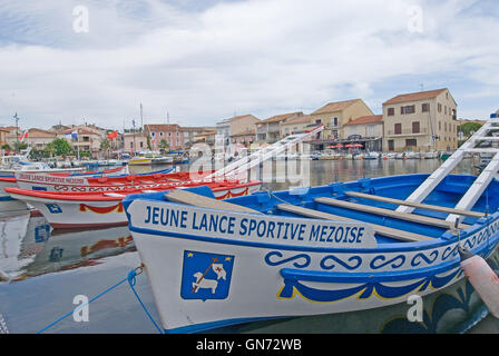 Joust boats in the harbour at Meze on the Etang de Thau in the Herault department.