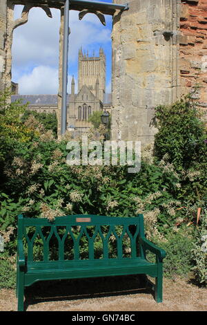 Green bench and summer flower border with Wells Cathedral viewed through a ruined window in the Bishop's Palace Garden, Wells Stock Photo