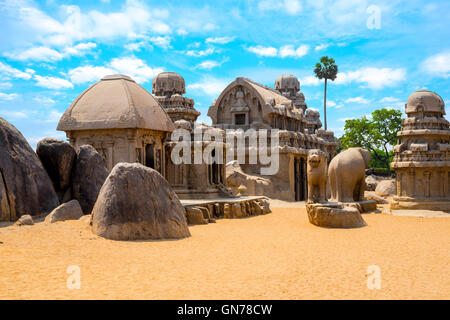 ancient Hindu monolithic Indian rock-cut architecture Pancha Rathas - Five Rathas, Mahabalipuram, Tamil Nadu, South India Stock Photo