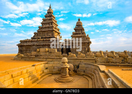 monolithic famous Shore Temple near Mahabalipuram, world heritage site in Tamil Nadu, India Stock Photo