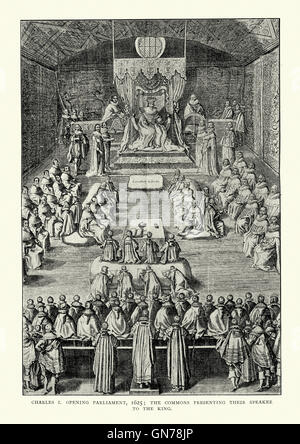 King Charles I opening Parliament in 1625, the Commons presenting their speaker to the King. Stock Photo