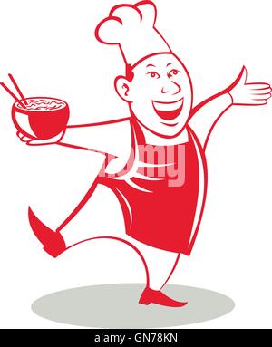 Illustration of an asian chef dancing holding serving a bowl of noodle viewed from front set on isolated white background done in cartoon style. Stock Vector