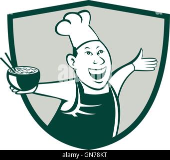 Illustration of an asian chef dancing holding serving a bowl of noodle viewed from front set inside shield crest on isolated background done in cartoon style. Stock Vector