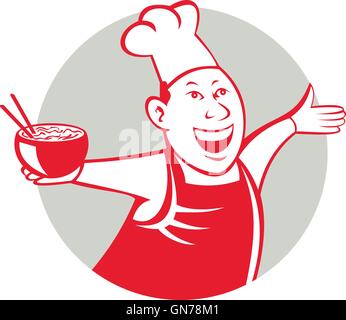 Illustration of an asian chef dancing holding serving a bowl of noodle viewed from front set inside circle on isolated background done in cartoon style. Stock Vector