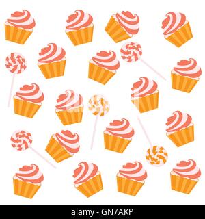 Nice pattern with colorful cupcakes and lollipops on a white background Stock Vector