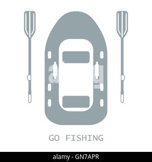 Stylized icon of a colored inflatable boat with oars for fishing on a white background Stock Vector