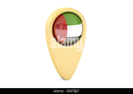 map pointer with flag of UAE, 3D rendering isolated on white background Stock Photo