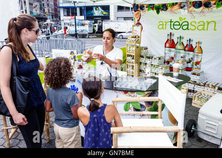 New York City,NY NYC,Manhattan,Midtown,Union Square Park,public park,Summer in the Square,weekly entertainment series,event,activities,stall,stalls,bo Stock Photo