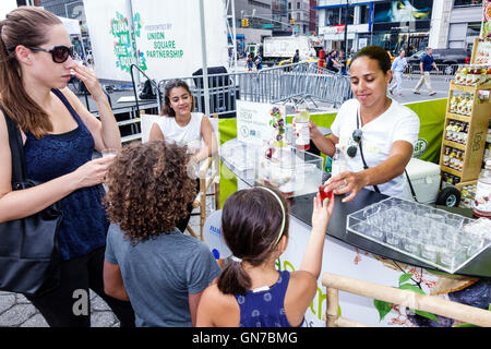 New York City,NY NYC,Manhattan,Midtown,Union Square Park,public park,Summer in the Square,weekly entertainment series,event,activities,stall,stalls,bo Stock Photo