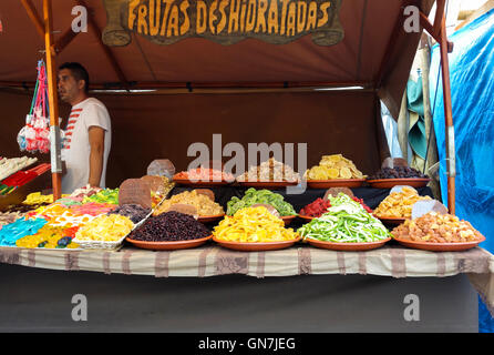 Dried Fruit at stand on Moroccan street market. Stock Photo