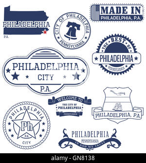 Philadelphia city, Pennsylvania. Set of generic stamps and signs. Stock Photo