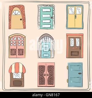 Collection of old door icon, isolated illustration vector. Set w Stock Vector