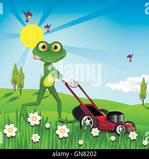 Frog mows the lawn Stock Vector