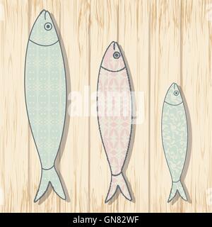 Traditional Portuguese icon. Colored sardines with geometric che Stock Vector