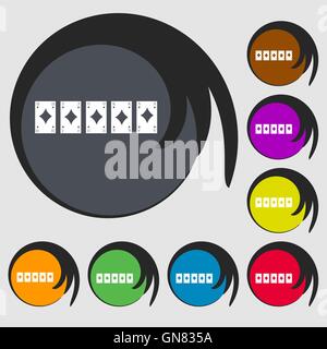 A royal straight flush playing cards poker hand in hearts icon. Symbols on eight colored buttons. Vector Stock Vector