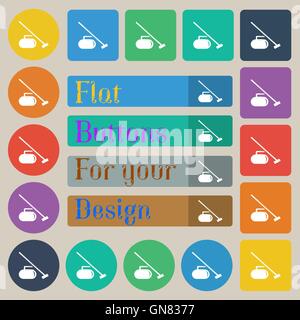 The stone for curling icon sign. Set of twenty colored flat, round, square and rectangular buttons. Vector Stock Vector