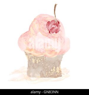 Cherry cupcake vector illustration hand drawn painted watercolor Stock Vector