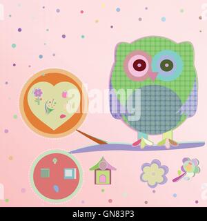 Invitation card - owls in love sitting on the branch, vector illustration Stock Vector