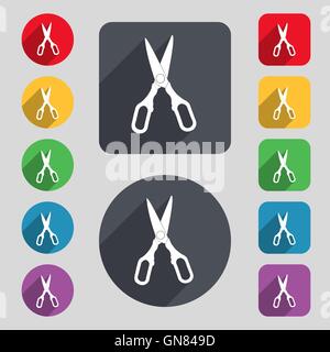 Scissors icon sign. A set of 12 colored buttons and a long shadow. Flat design. Vector Stock Vector