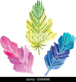 Set of three watercolors feathers Stock Vector