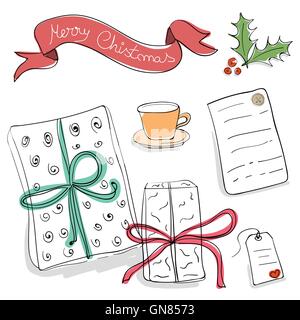 Set of vector sketch gifts. Hand drawn elements for your festive Stock Vector