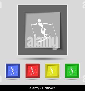 Skier icon sign on original five colored buttons. Vector Stock Vector