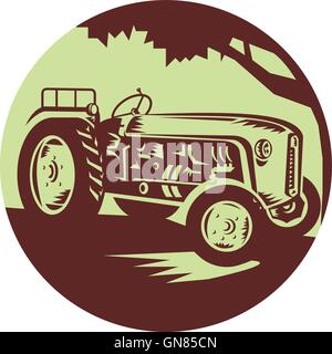 Vintage Farm Tractor Circle Woodcut Stock Vector
