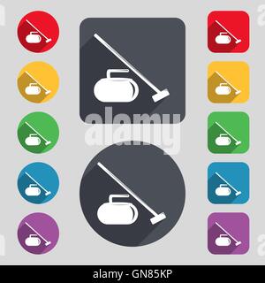 The stone for curling icon sign. A set of 12 colored buttons and a long shadow. Flat design. Vector Stock Vector