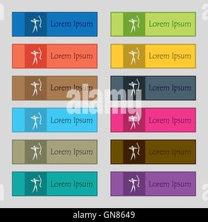 Archery icon sign. Set of twelve rectangular, colorful, beautiful, high-quality buttons for the site. Vector Stock Vector