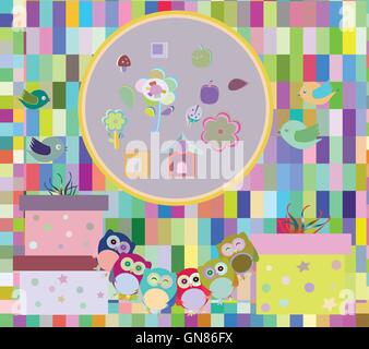 birthday party elements with cute owls and birds vector Stock Vector