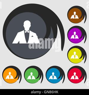 Silhouette  of man in business suit icon. Symbols on eight colored buttons. Vector Stock Vector