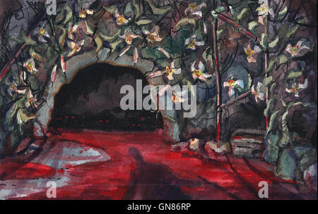 Watercolor paint. Boy in a bloody cave Stock Photo